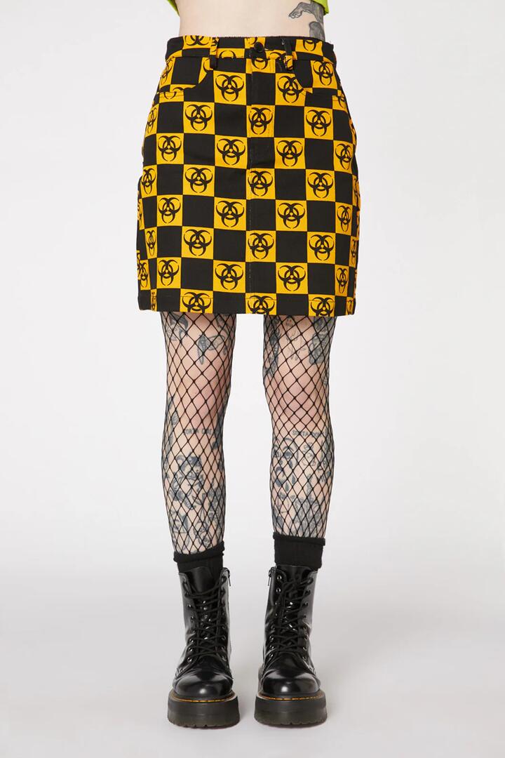 Image of a model wearing Skirts. Productname: Check Biohazard Mini Skirt in Black/Yellow colour by brand - Dangerfield
