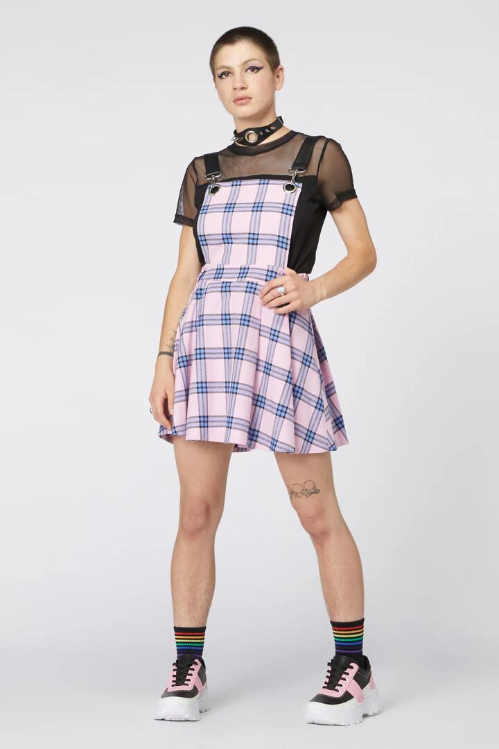 Image of a model wearing Dress. Productname: Pastel Tartan Pleated Pinny in Pink colour by brand - Dangerfield
