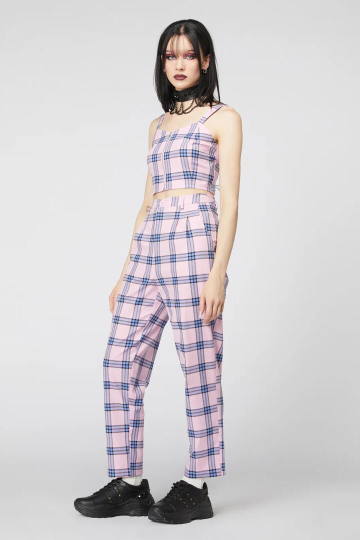 Image of a model wearing Pants. Productname: Pastel Tartan Pleated Pant in Pink colour by brand - Dangerfield