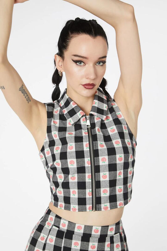 Image of a model wearing Tops. Productname: Gingham Peach Zip Up Top in Black/White colour by brand - Dangerfield