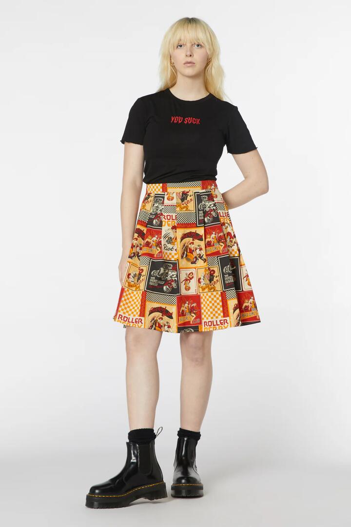 Image of a model wearing Skirts. Productname: Hot Rod Girls Skirt in Black colour by brand - Revival