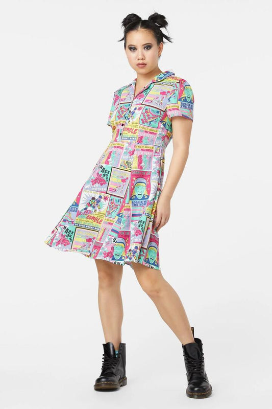 Image of a model wearing Dress. Productname: Hell On Wheels Dress in Multi colour by brand - Revival