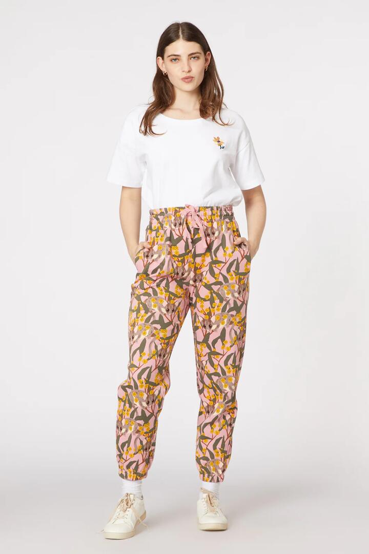 Image of a model wearing Pants. Productname: Fairy Possum Track Pant in Pink colour by brand - Princess Highway