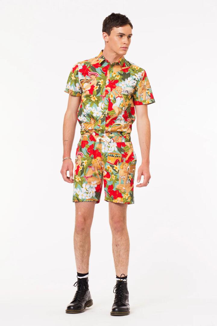 Image of a model wearing Shorts. Productname: Diner Trunk in Multi colour by brand - Revival