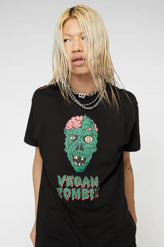 Image of a model wearing Tops. Productname: Vegan Zombie Unisex Tee in Black colour by brand - Dangerfield