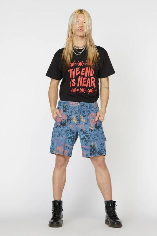 Image of a model wearing Denim. Productname: Graffiti Denim Unisex Short in Blue colour by brand - Dangerfield