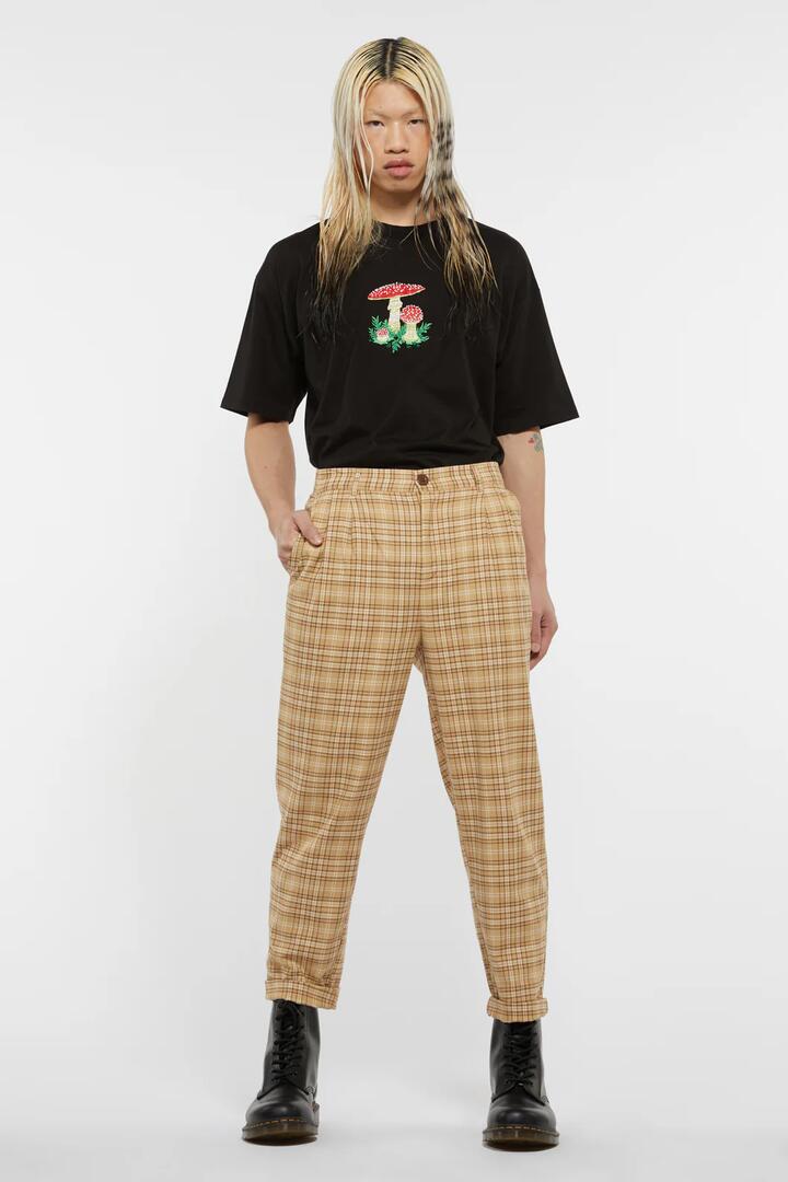 Image of a model wearing Pants. Productname: Meadow Tartan Unisex Pant in Light Brown colour by brand - Dangerfield