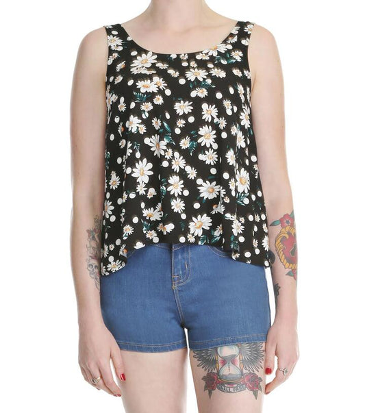 Image of a model wearing Tops. Productname: Dotted Daisy Top in Black colour by brand - Dangerfield