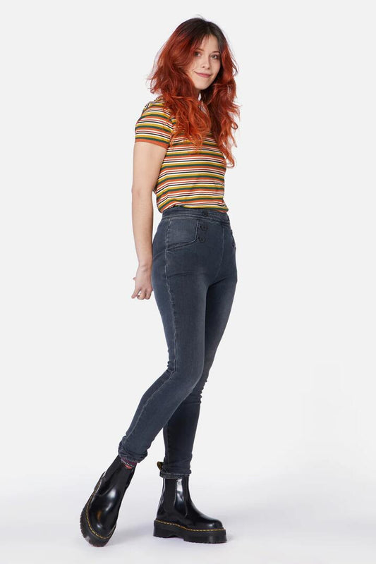 Image of a model wearing Denim. Productname: Ebony High Rise Jeans in Blue/Black colour by brand - Dangerfield