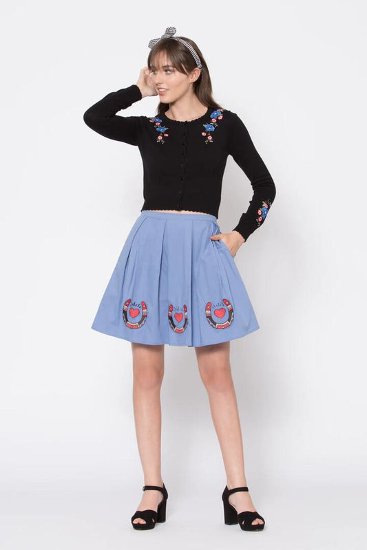 Image of a model wearing Skirts. Productname: Appaloosa Love Skirt in Cornflower colour by brand - Dangerfield