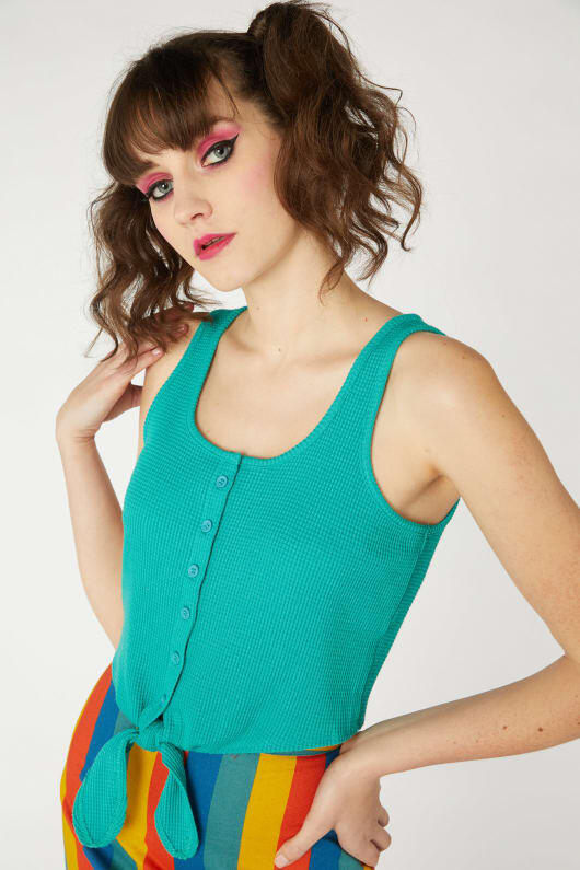 Image of a model wearing Tops. Productname: Beach Babes Top in Aqua colour by brand - Dangerfield