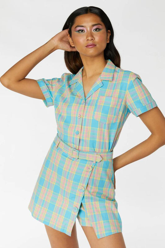 Image of a model wearing Skirts. Productname: Stay Salty Skort in Blue/Pink colour by brand - Dangerfield