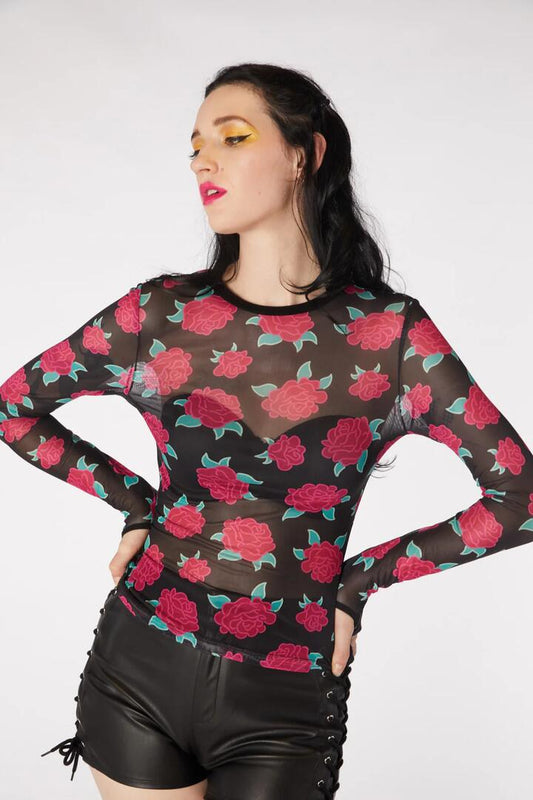 Image of a model wearing Tops. Productname: Fallen Petal Top in Black colour by brand - Dangerfield