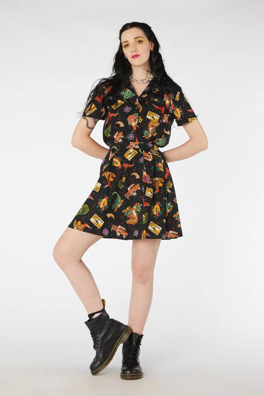 Image of a model wearing Skirts. Productname: Prehistoric Tattoo Skirt in Black colour by brand - Dangerfield