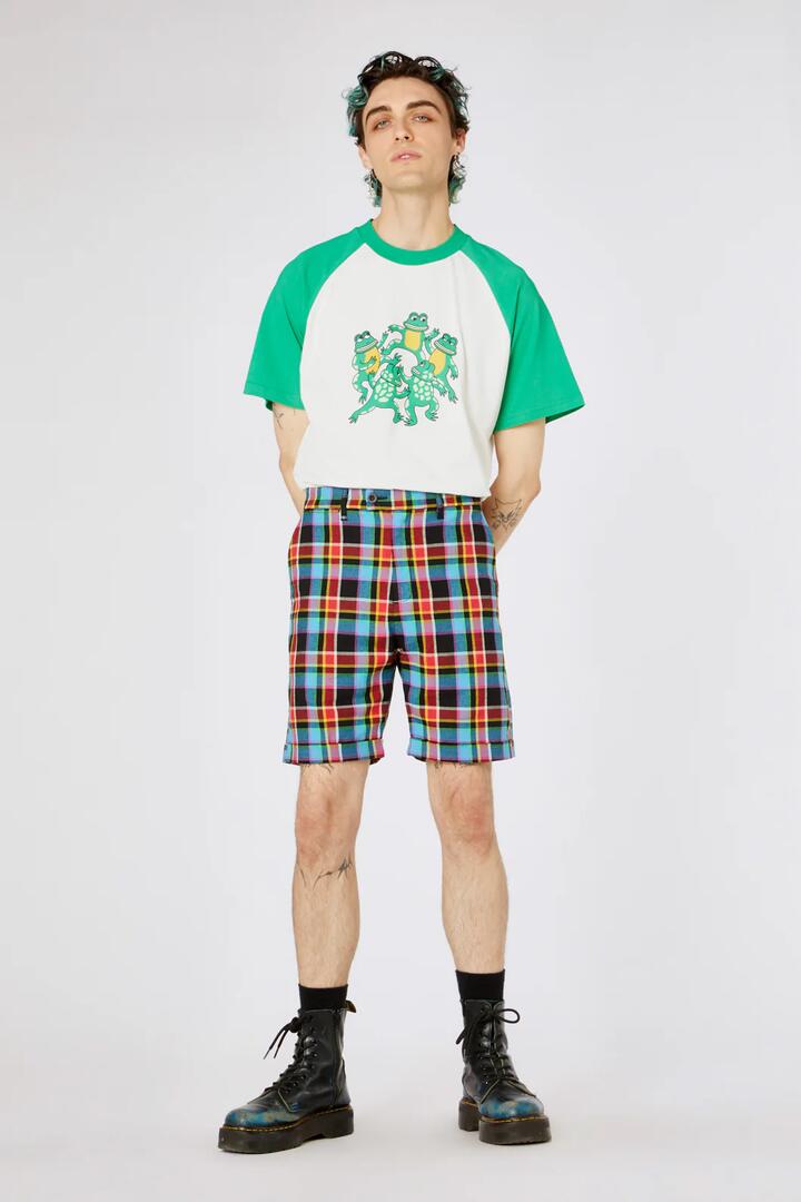 Image of a model wearing Shorts. Productname: Rainbow Tartan Twill Short in Rainbow colour by brand - Dangerfield