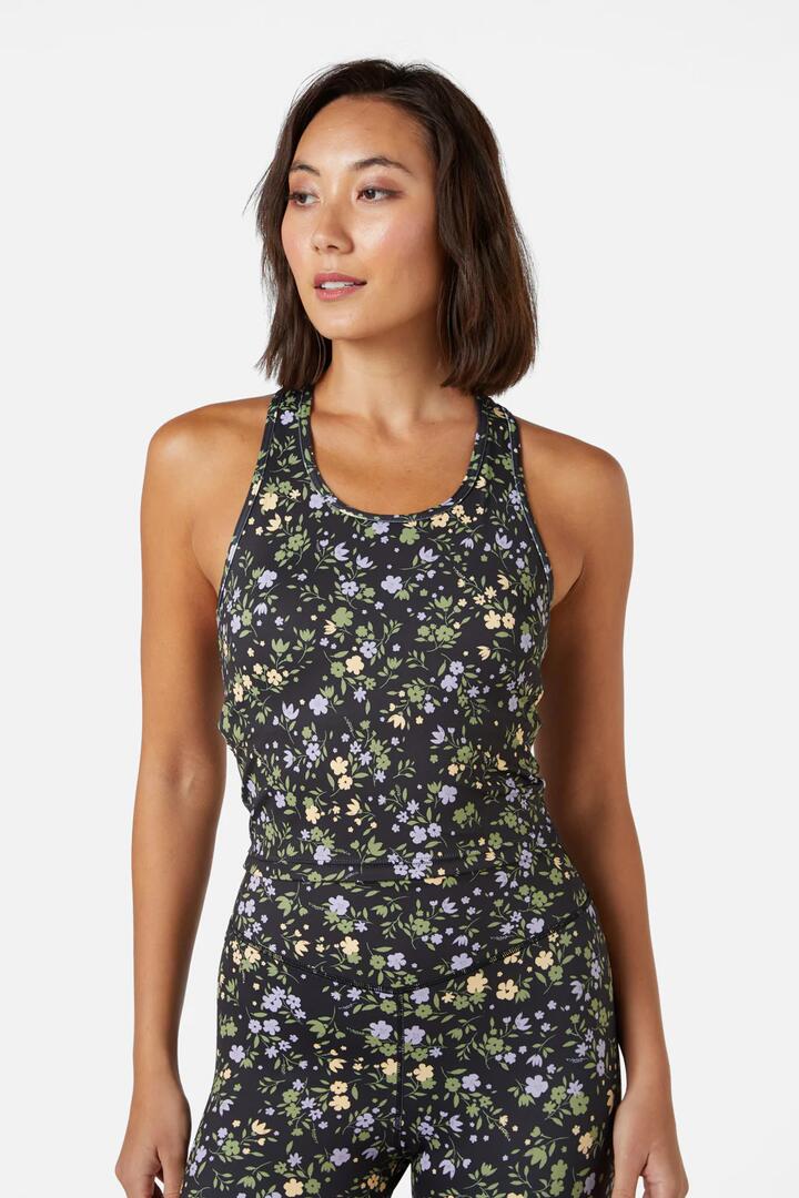 Image of a model wearing Tops. Productname: Erika Floral CroppedTank in Black colour by brand - Princess Highway