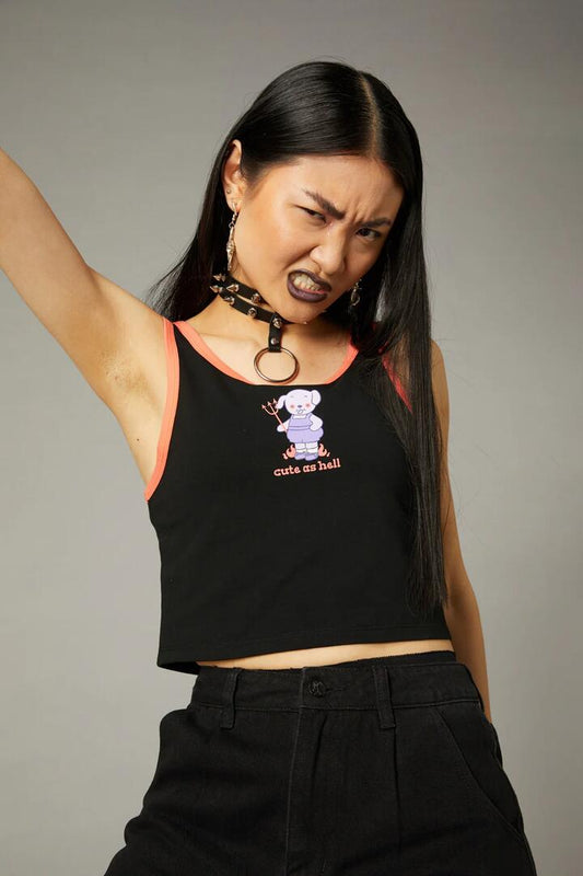 Image of a model wearing Tops. Productname: Cute As Hell Tank in Black colour by brand - Black Friday