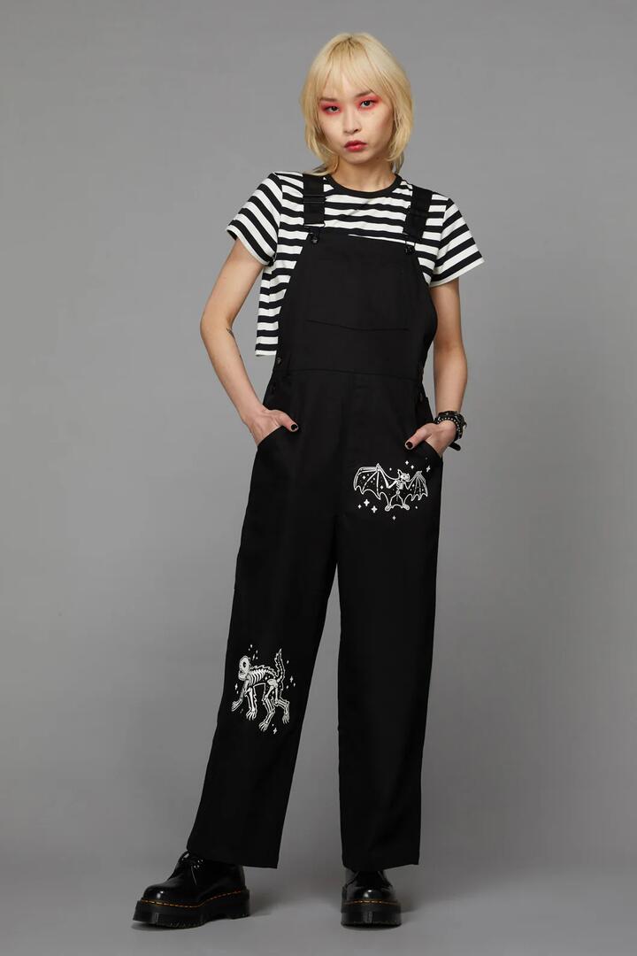 Image of a model wearing Pants. Productname: Crossbone Goth Overall in Black colour by brand - Black Friday