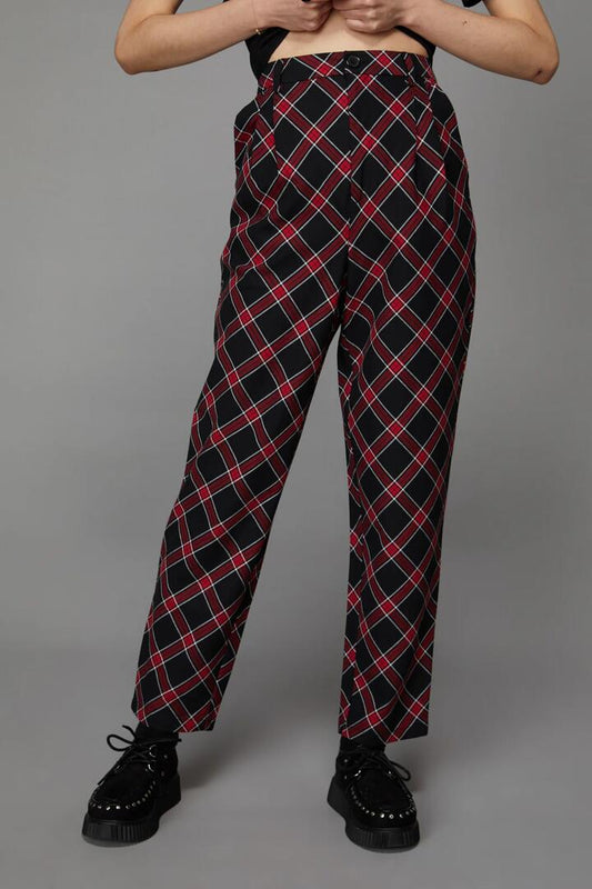 Image of a model wearing Pants. Productname: Batty Goth Tartan Pant in Red/Black colour by brand - Black Friday