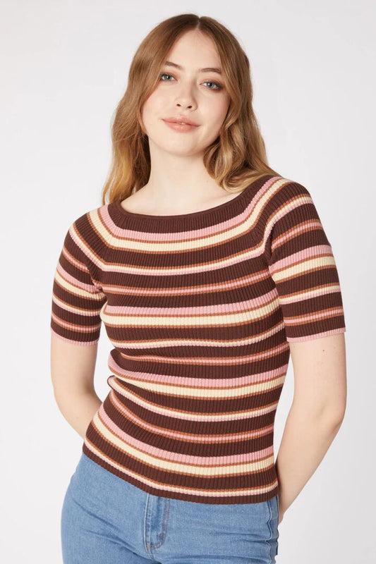Image of a model wearing Tops. Productname: Ava Knit Top in Brown/Pink colour by brand - Princess Highway