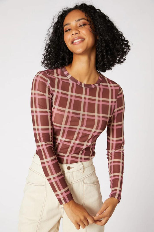 Image of a model wearing Tops. Productname: Gina Check Mesh Top in Chocolate colour by brand - Princess Highway