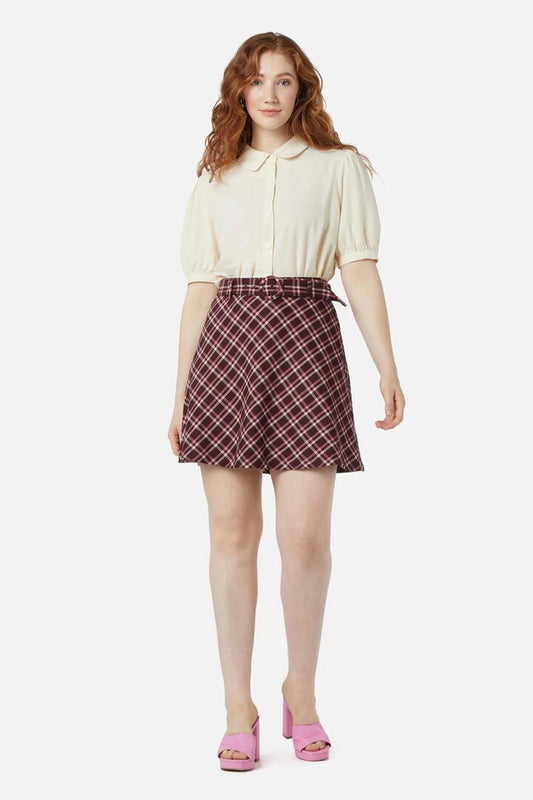 Image of a model wearing Skirts. Productname: Gina Check A Line Skirt in Chocolate colour by brand - Princess Highway