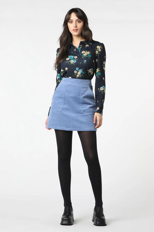 Image of a model wearing Skirts. Productname: Jamie Cord Skirt in Blue colour by brand - Princess Highway