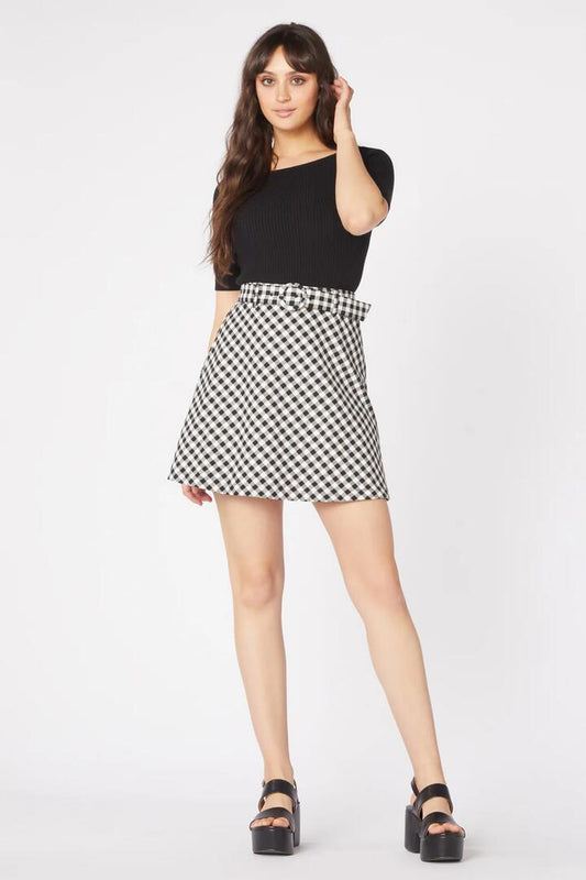 Image of a model wearing Skirts. Productname: Claire Gingham Skirt in Black/Cream colour by brand - Princess Highway