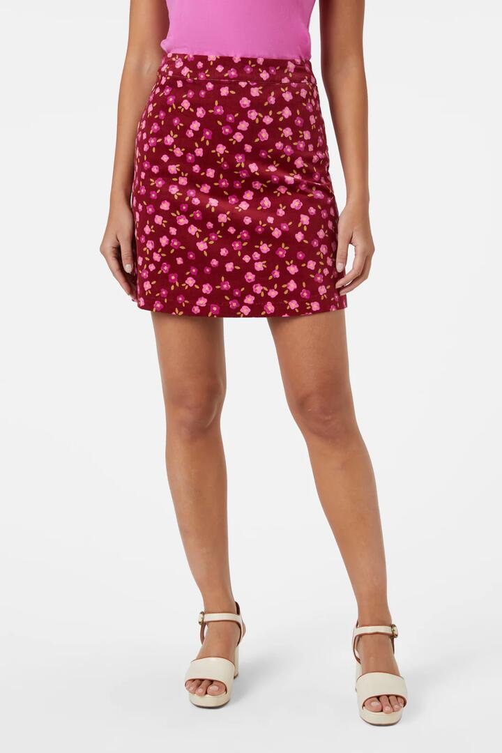 Image of a model wearing Skirts. Productname: Danielle Ditsy Cord Skirt in Red colour by brand - Princess Highway