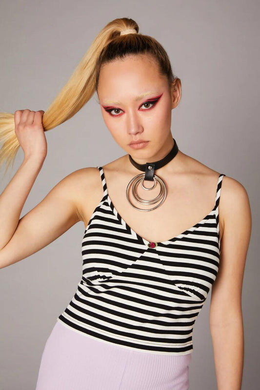 Image of a model wearing Tops. Productname: Goth Stripe Tank in Black/White colour by brand - Black Friday