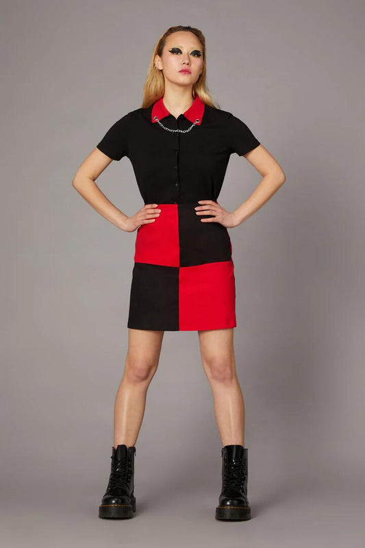 Image of a model wearing Skirts. Productname: Goth Contrast Mini Skirt in Black/Red colour by brand - Black Friday
