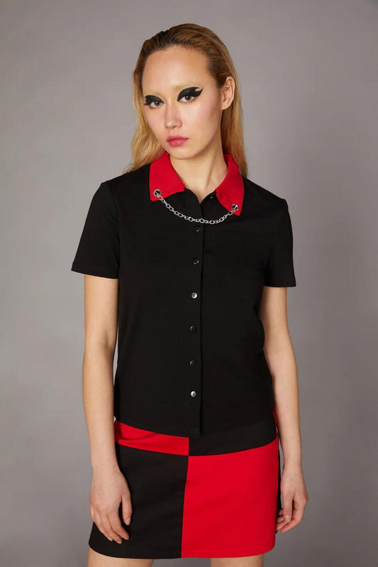 Image of a model wearing Tops. Productname: Red Contrast Collar Top in Black colour by brand - Black Friday