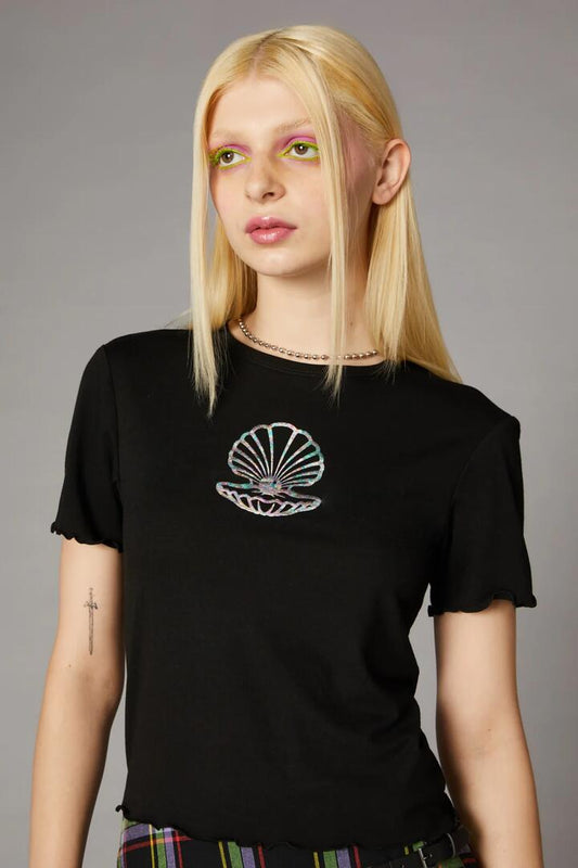 Image of a model wearing Tops. Productname: Magic Shell Print Tee in Black colour by brand - Black Friday