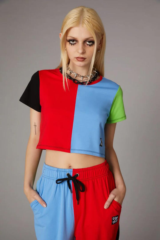 Image of a model wearing Tops. Productname: 80S Colour Block Tee in Multi colour by brand - Black Friday