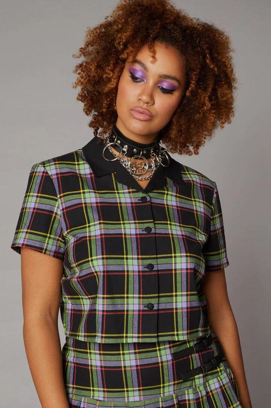 Image of a model wearing Tops. Productname: Vivid Tartan Goth Blouse in Multi colour by brand - Black Friday