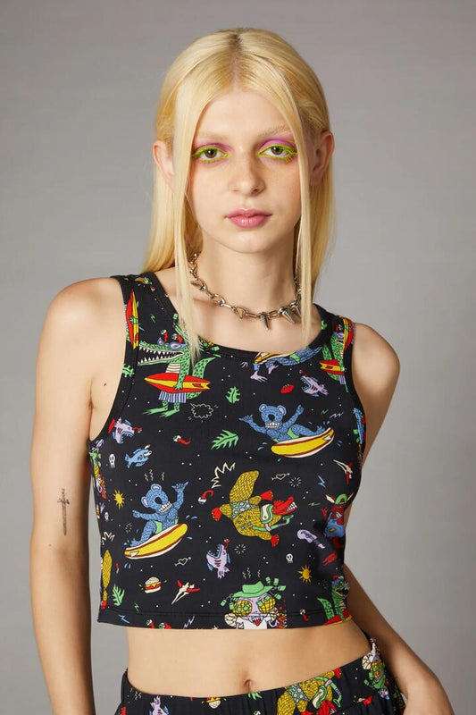 Image of a model wearing Tops. Productname: Surfing Creatures Print Tank in Black colour by brand - Black Friday