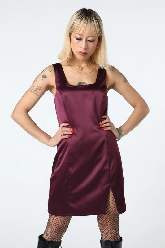 Image of a model wearing Dress. Productname: Satin Mini Dress in Black colour by brand - Black Friday