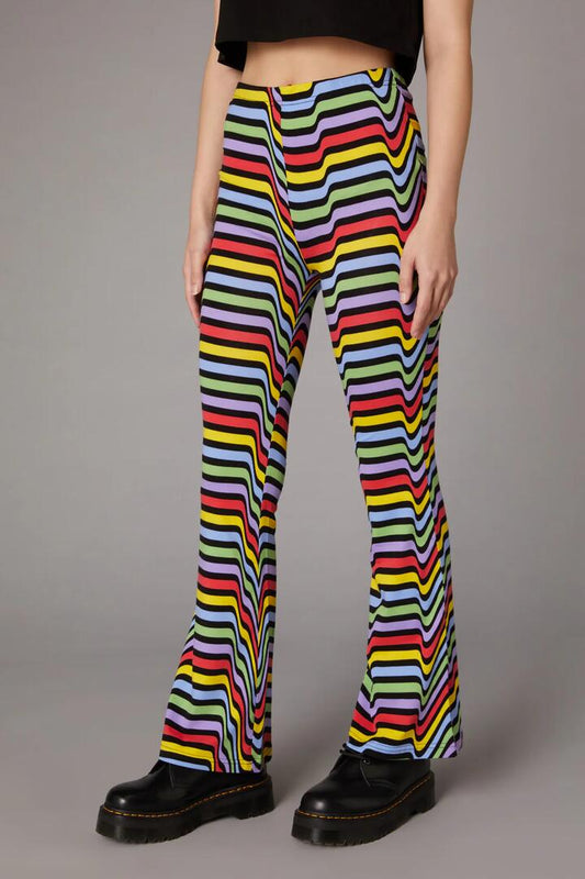 Image of a model wearing Pants. Productname: Warped Print Flare Pant in Multi colour by brand - Black Friday