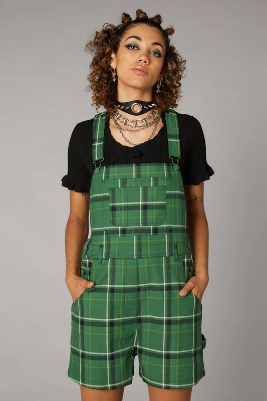Image of a model wearing Pants. Productname: Forest Tartan Overall in Green colour by brand - Black Friday