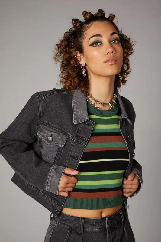 Image of a model wearing Denim. Productname: Washed Denim Goth Jacket in Black colour by brand - Black Friday