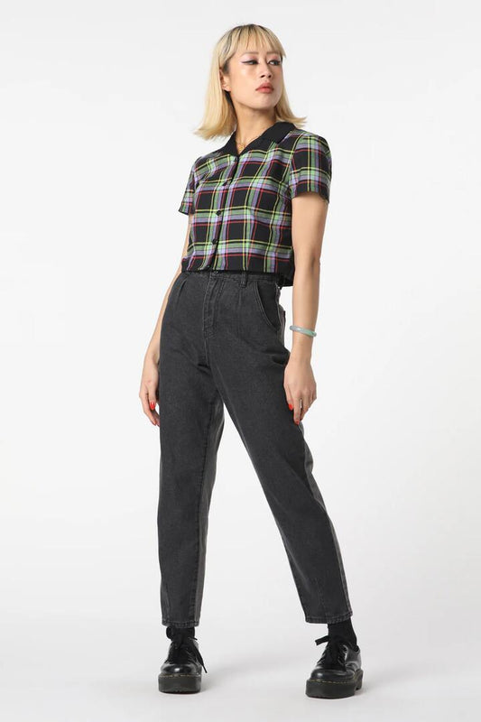 Image of a model wearing Denim. Productname: Washed Denim Goth Jean in Black colour by brand - Black Friday