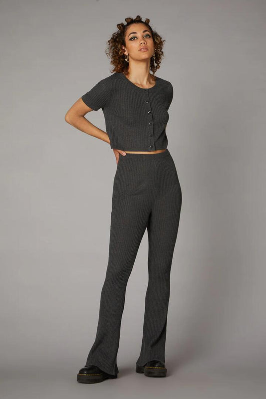 Image of a model wearing Pants. Productname: Rib Comfort Goth Pant in Grey Marle colour by brand - Black Friday