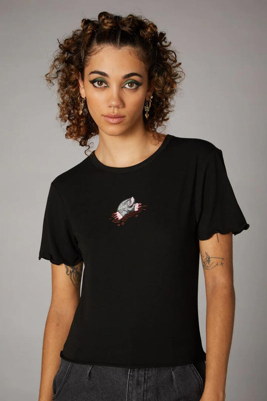Image of a model wearing Tops. Productname: Mole Embroidered Tee in Black colour by brand - Black Friday