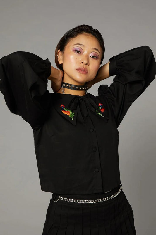 Image of a model wearing Tops. Productname: Dragon Embroidered Blouse in Black colour by brand - Black Friday