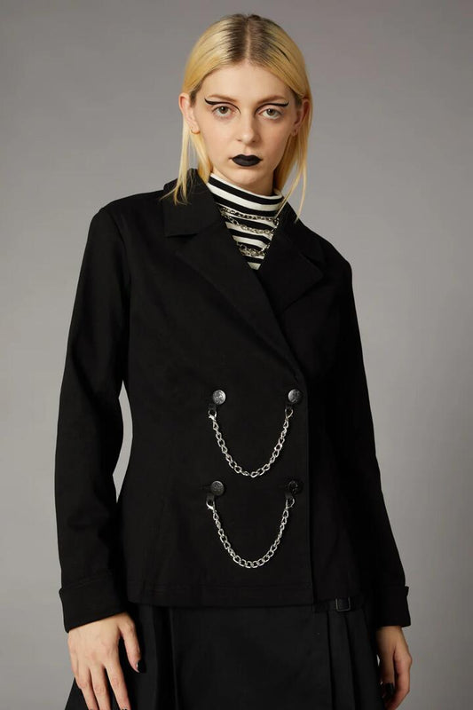 Image of a model wearing Outerwear. Productname: Chained Up Fitted Jacket in Black colour by brand - Black Friday