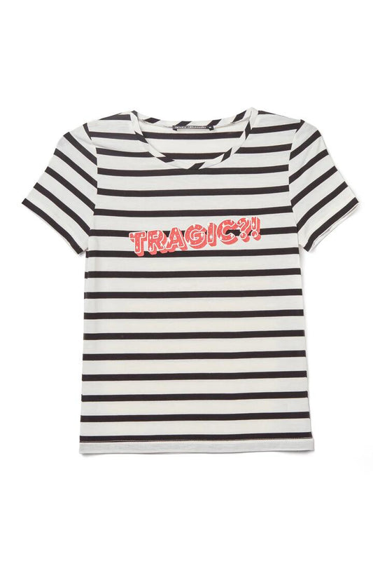 Image of a model wearing Tops. Productname: Tragic Tee in Black/White colour by brand - Pulp Kitchen