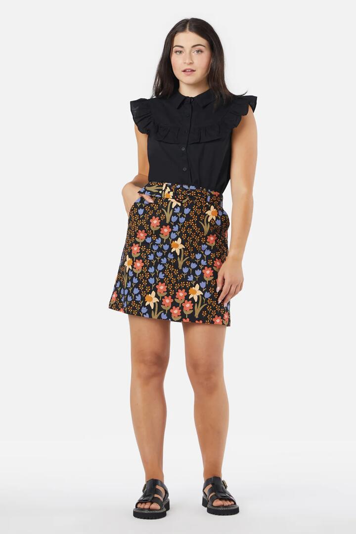 Image of a model wearing Skirts. Productname: Winona Flower Skirt in Black colour by brand - Princess Highway