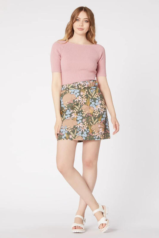 Image of a model wearing Skirts. Productname: Wombat Native Garden Skirt in Green colour by brand - Princess Highway
