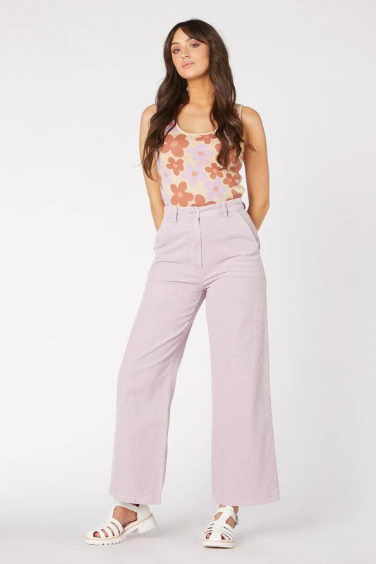 Image of a model wearing Pants. Productname: Nico Cord Pant in Lilac colour by brand - Princess Highway