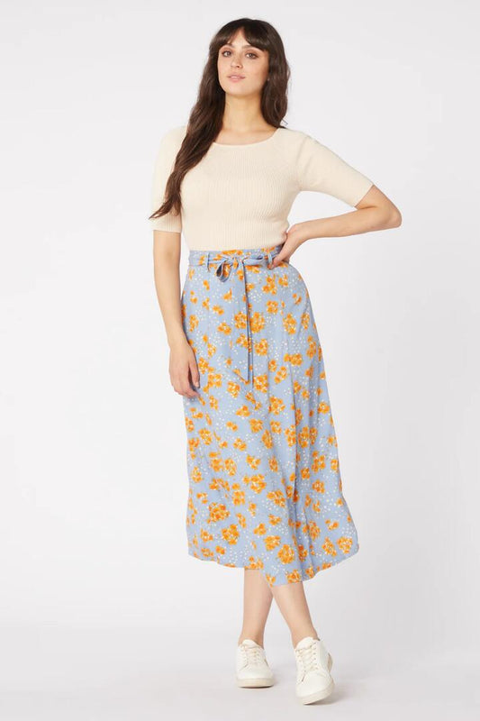 Image of a model wearing Skirts. Productname: Dreamy Floral Midi Skirt in Blue colour by brand - Princess Highway